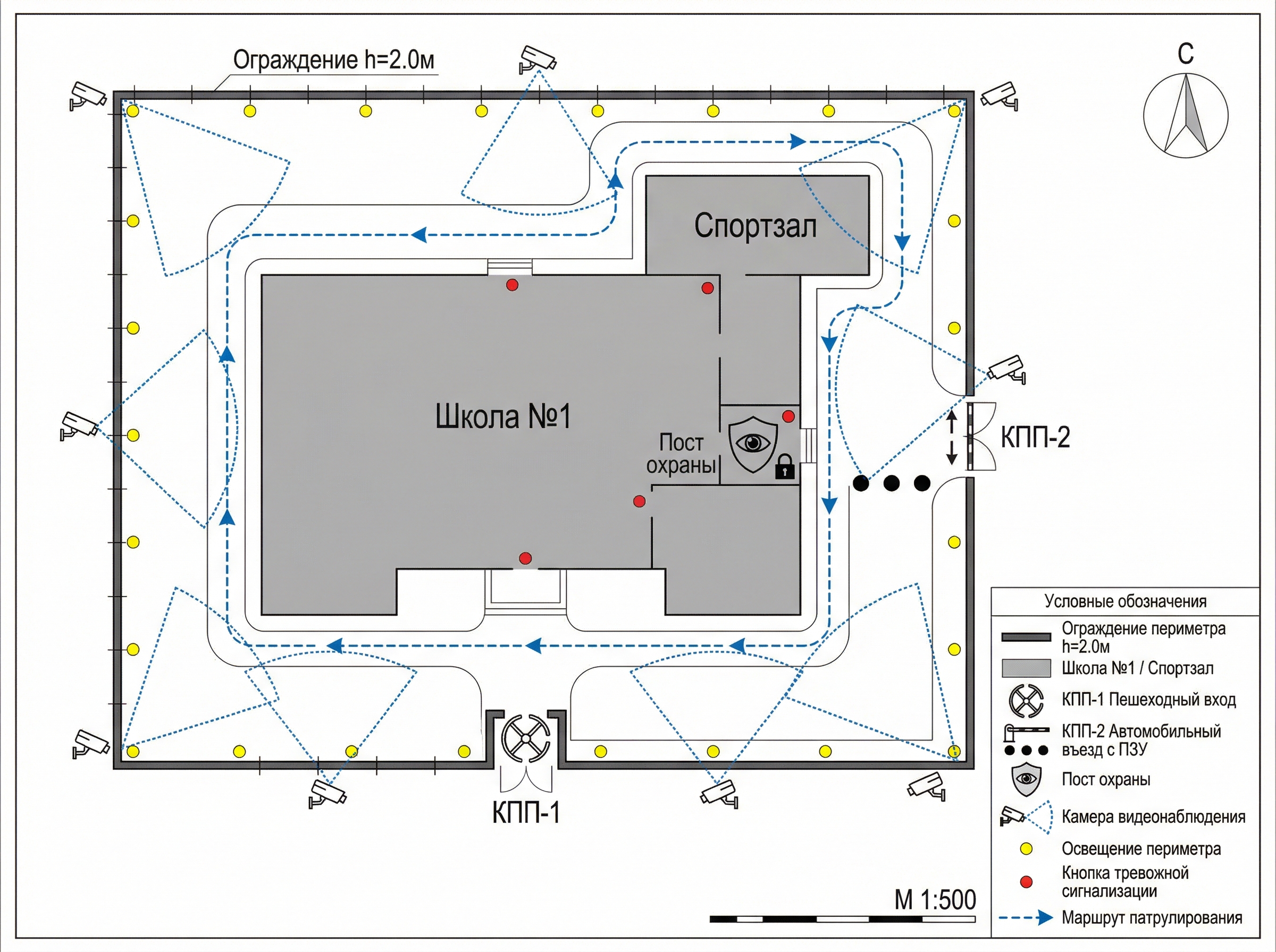 Образцовый план (схема) охраны объекта — школа с территорией: ограждение периметра h=2.0м, КПП-1 пешеходный, КПП-2 автомобильный с ПТЗ, пост охраны, 8 камер видеонаблюдения, охранное освещение, кнопки тревожной сигнализации, маршрут патрулирования, условные обозначения и масштаб 1:500