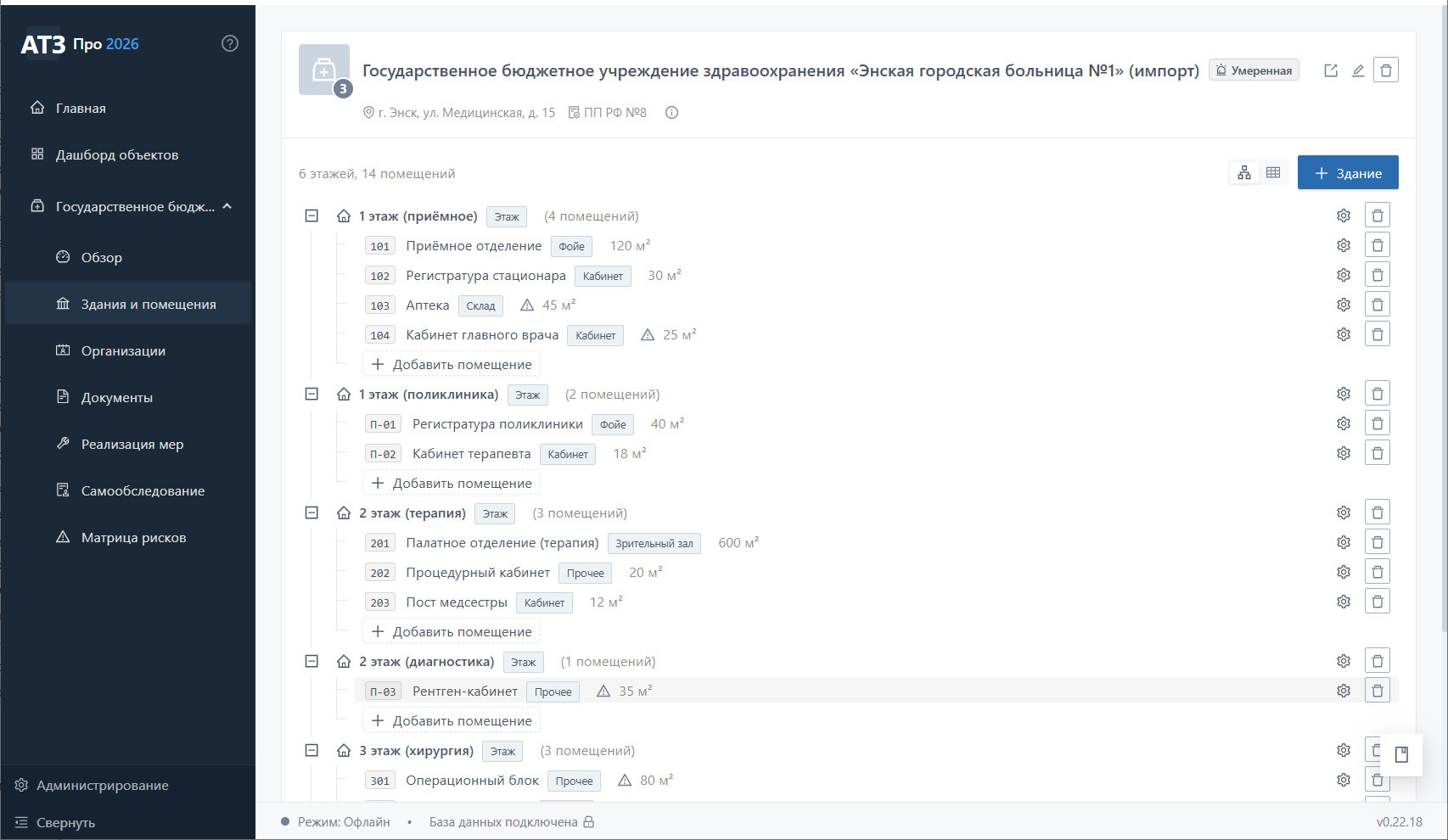 Дерево зданий Энской городской больницы №1 — главный корпус (4 200 м², 5 этажей) с операционным блоком и реанимацией, поликлиника (1 800 м²), территория 12 000 м²