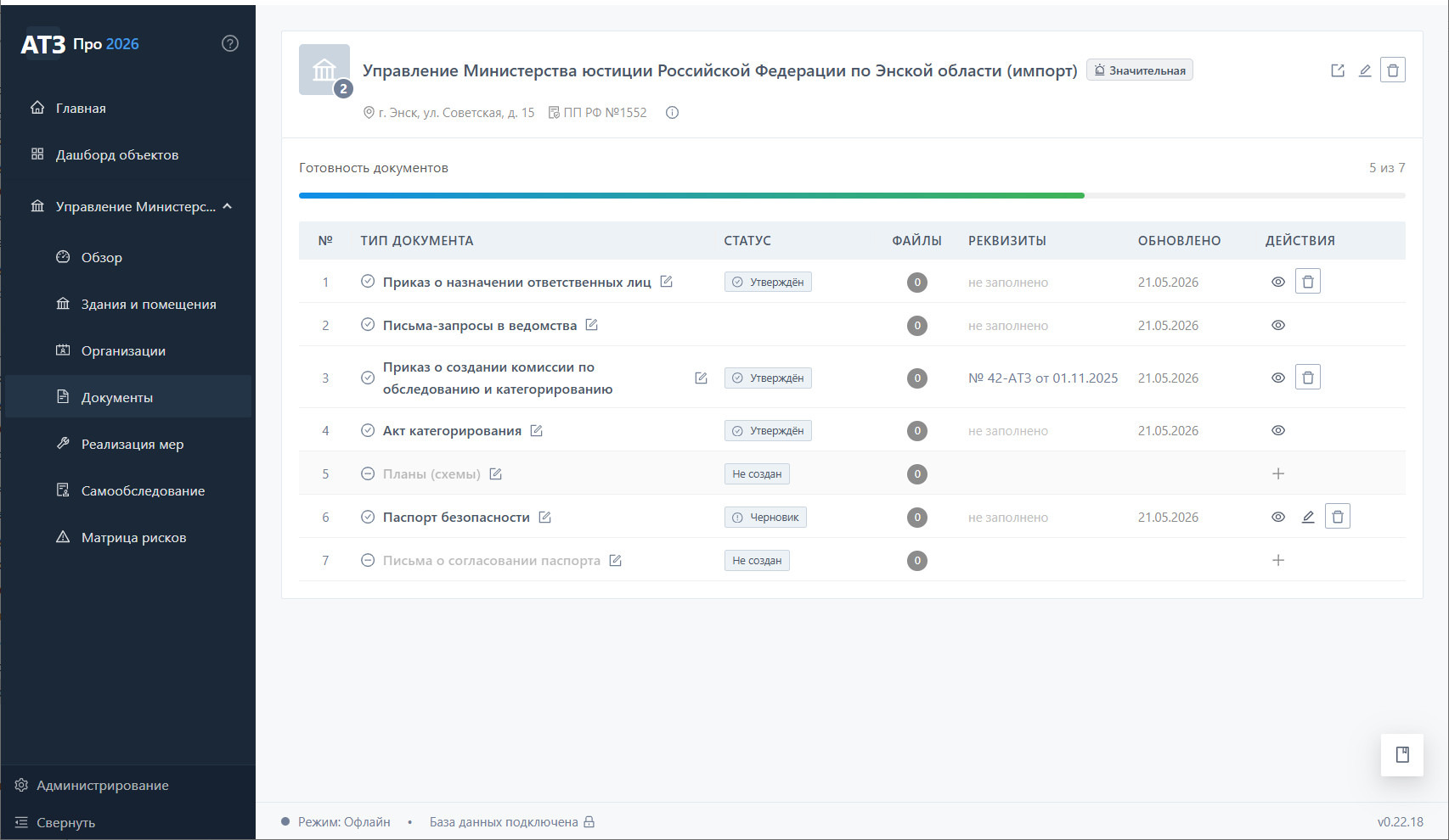 Раздел «Документы» Управления Минюста — комплект для ПП РФ 1552 с грифом ДСП на всех документах, повышенная конфиденциальность