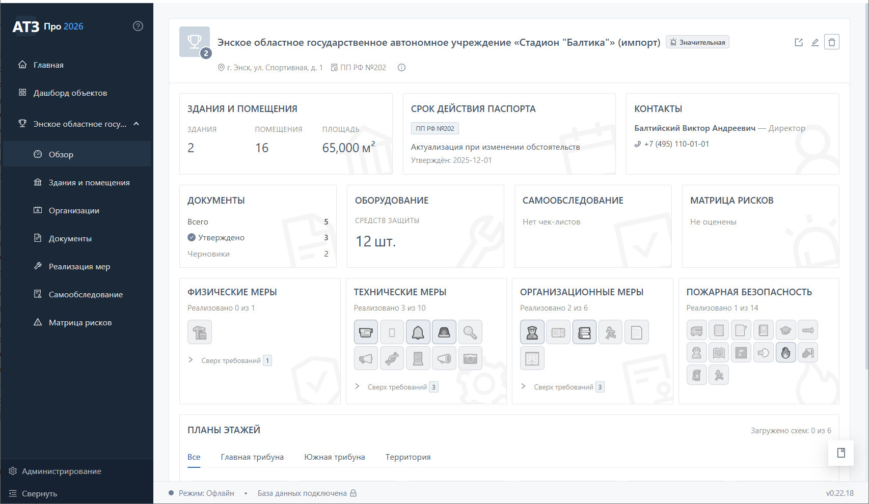 Обзор стадиона «Балтика» — II категория, до 25 000 зрителей в день матча, 20 000 м² зданий, 12 помещений, два режима численности (обычный день / матчевый день)